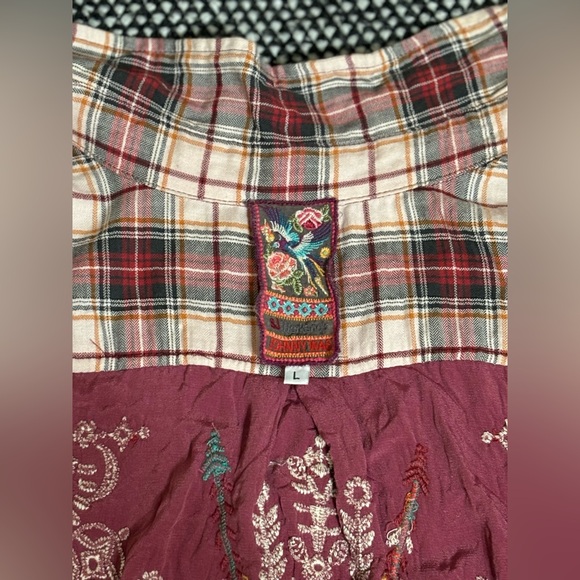 Johnny Was Plaid Embroidered Shirt | Size: L | Color: Burgandy - Picture 5 of 13